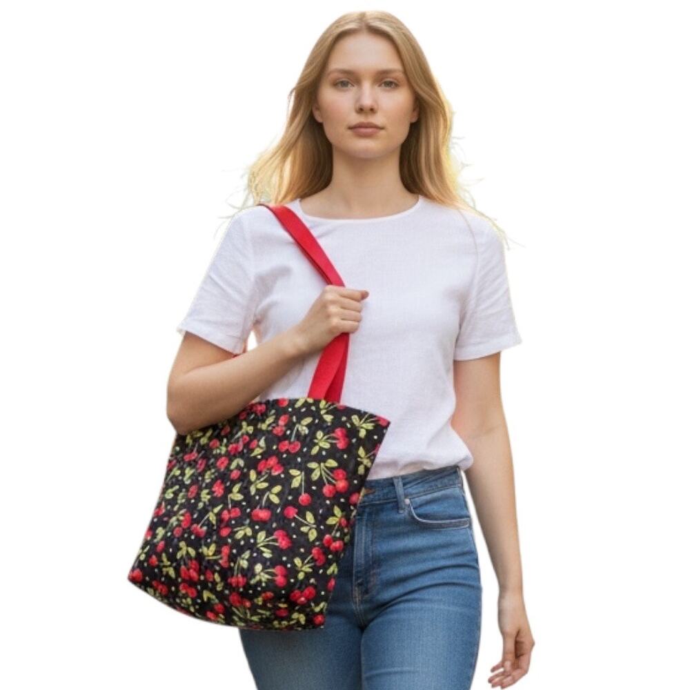 Cherries Tote Handbags Travel Lightweight Black Green Handmade Summer